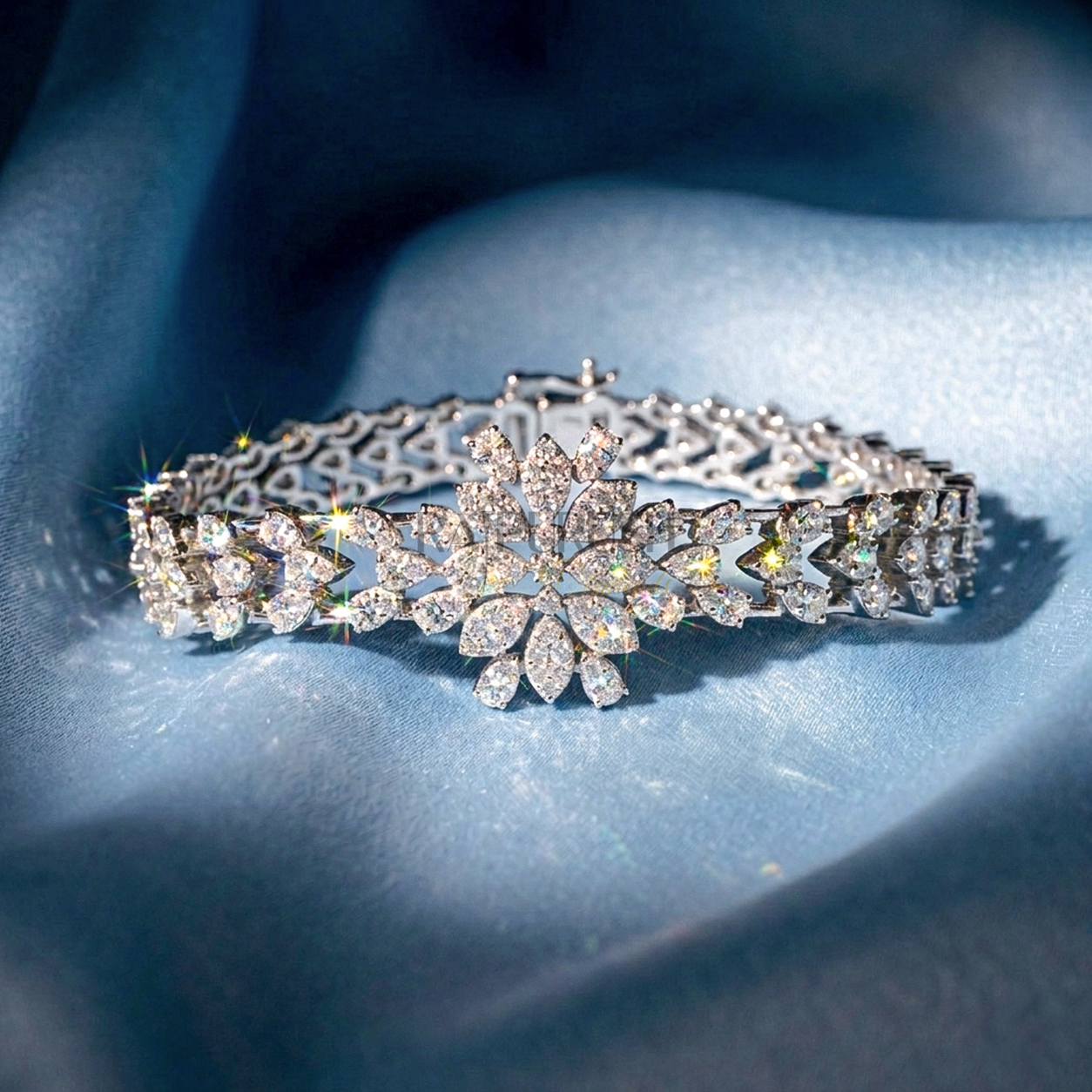 "Sparkling Moissanite floral cluster statement bracelet in S925 sterling silver on a blue silk background."