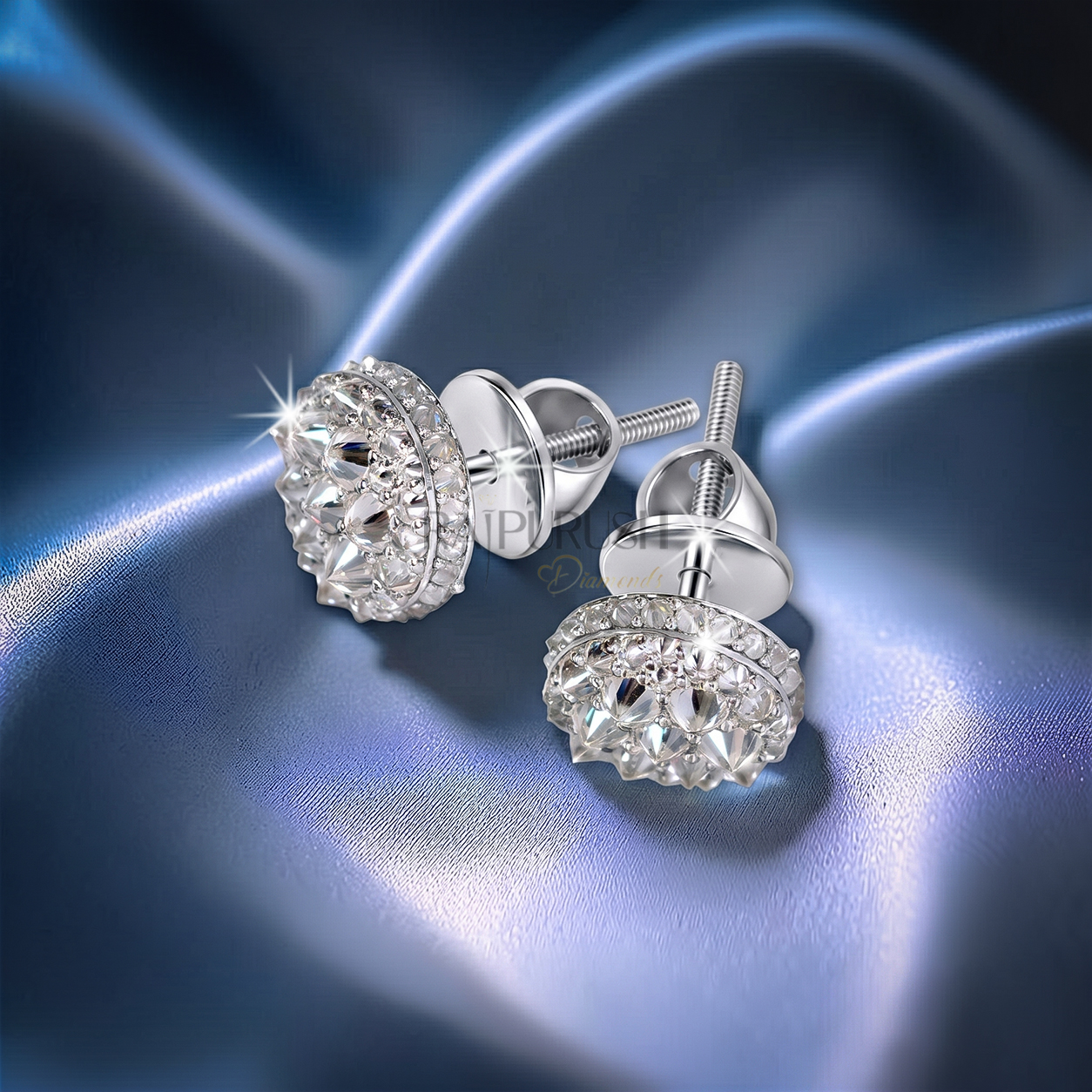 Bold 925 sterling silver hip-hop stud earring featuring reverse-set moissanite diamonds with pointed pavilions facing out, secured with a premium screw back closure.