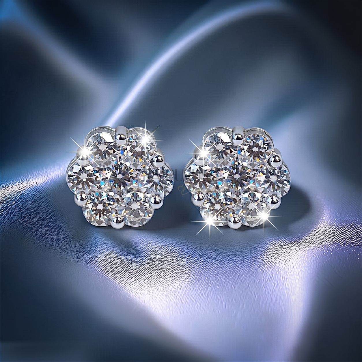Fully iced-out multi-stone cluster halo stud earrings in 925 sterling silver featuring brilliant round moissanite diamonds and a secure threaded screw back closure.