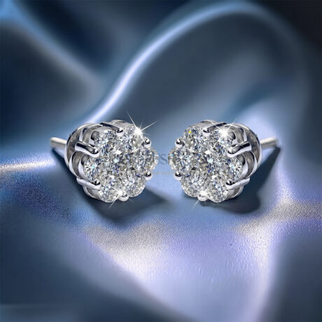 Fully iced-out multi-stone cluster halo stud earrings in 925 sterling silver featuring brilliant round moissanite diamonds and a secure threaded screw back closure.
