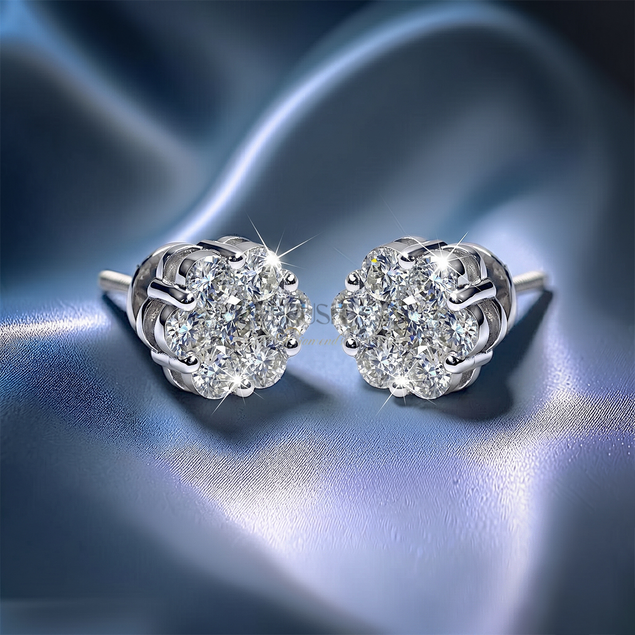 Fully iced-out multi-stone cluster halo stud earrings in 925 sterling silver featuring brilliant round moissanite diamonds and a secure threaded screw back closure.