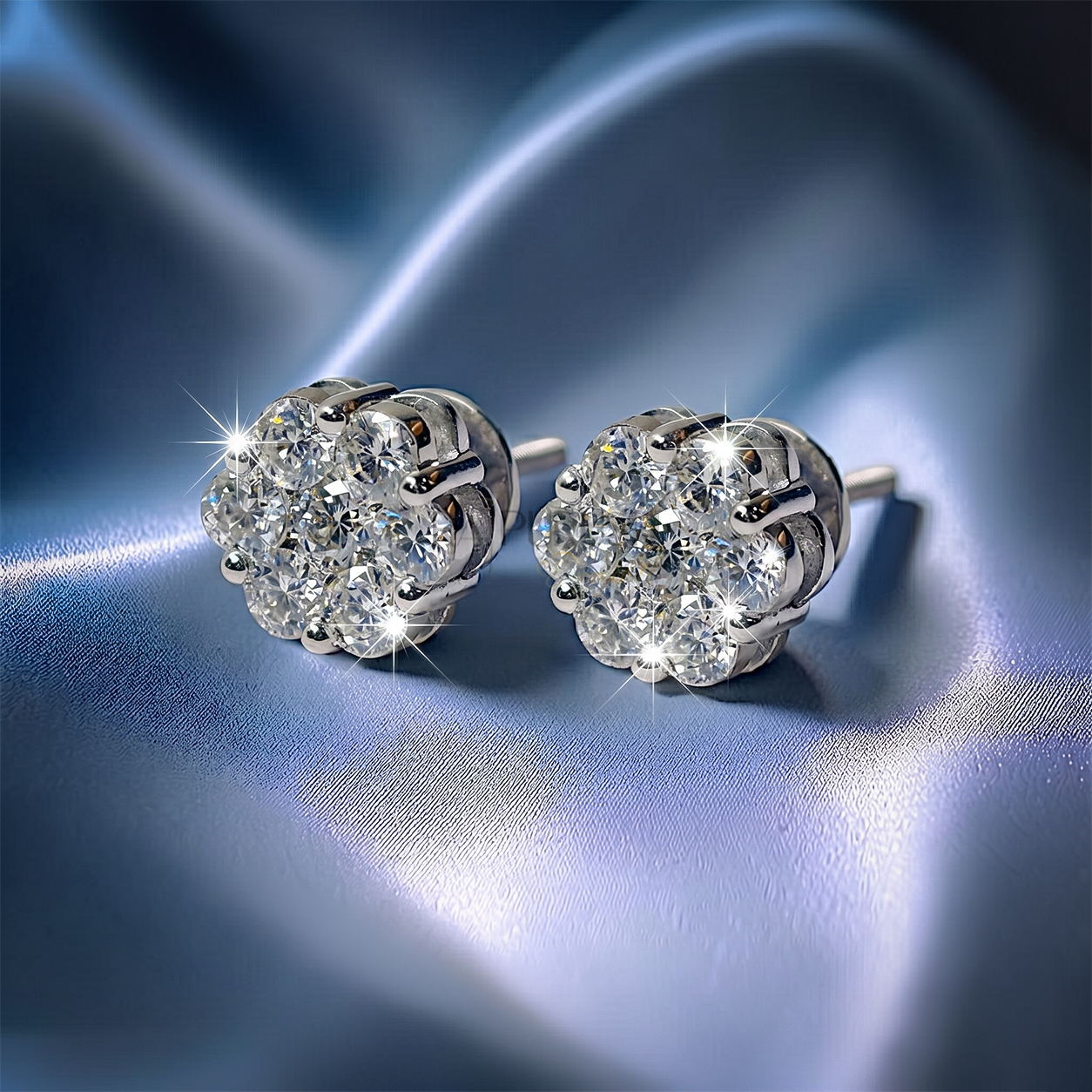 Fully iced-out multi-stone cluster halo stud earrings in 925 sterling silver featuring brilliant round moissanite diamonds and a secure threaded screw back closure.