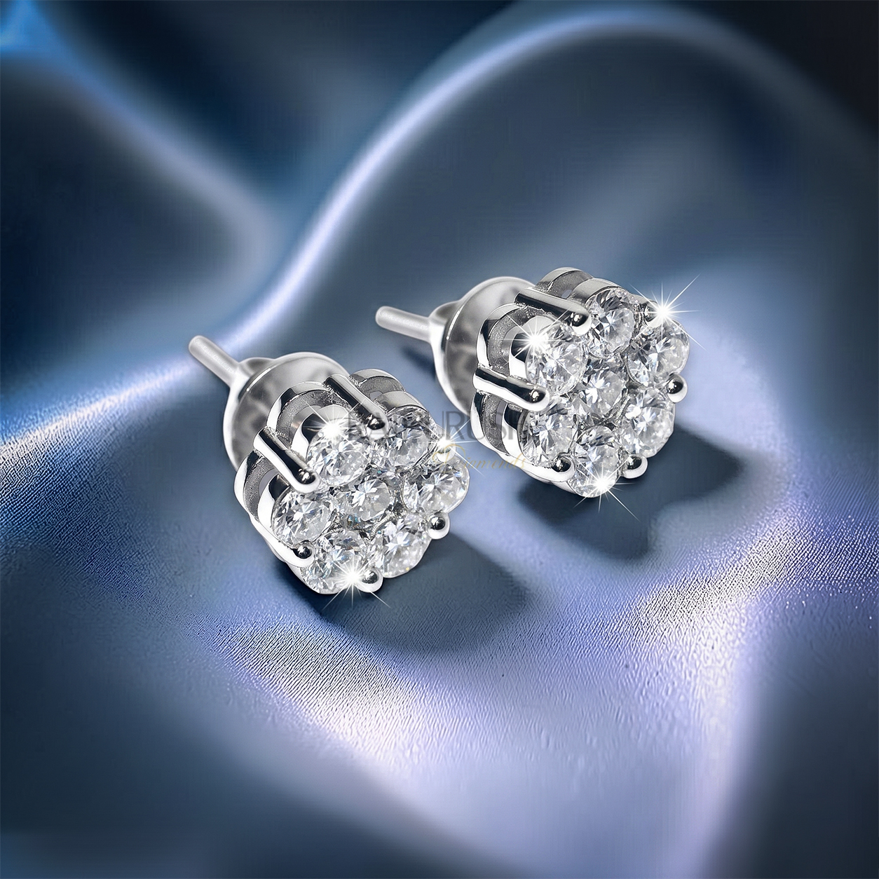 Fully iced-out multi-stone cluster halo stud earrings in 925 sterling silver featuring brilliant round moissanite diamonds and a secure threaded screw back closure.