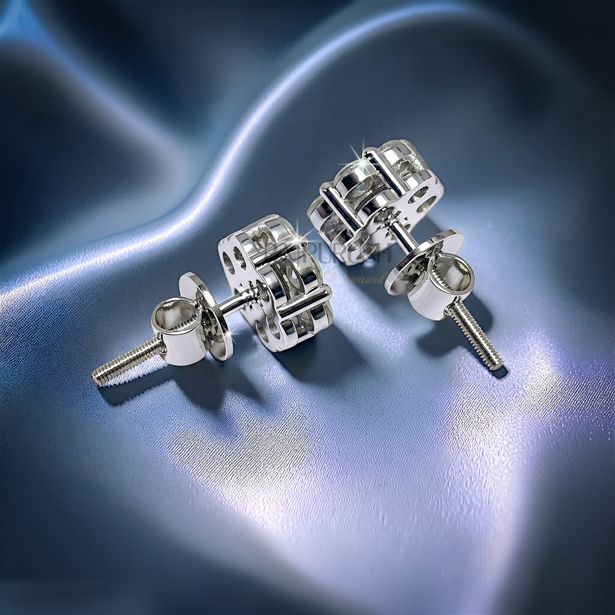 Fully iced-out multi-stone cluster halo stud earrings in 925 sterling silver featuring brilliant round moissanite diamonds and a secure threaded screw back closure.