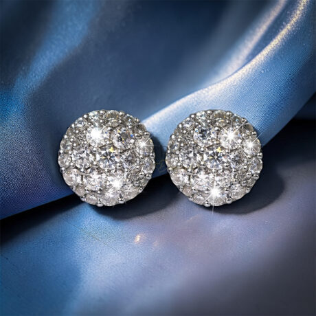 Fully iced-out multi-stone cluster halo stud earrings in 925 sterling silver featuring brilliant round moissanite diamonds and a secure threaded screw back closure.