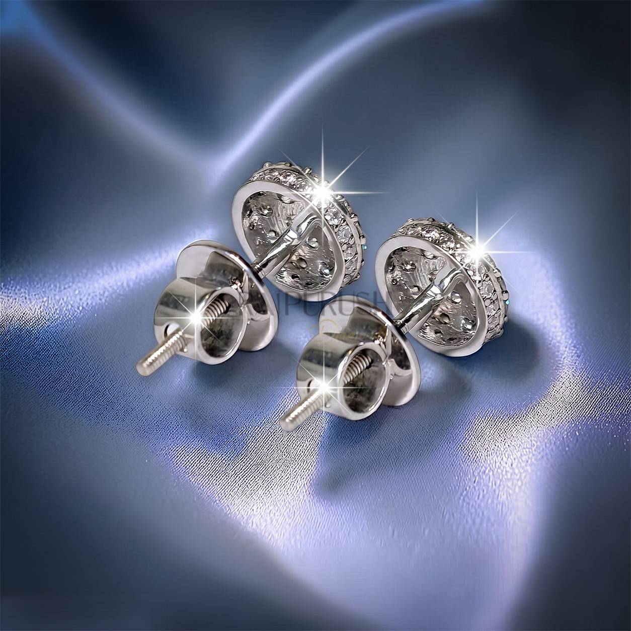 Fully iced-out multi-stone cluster halo stud earrings in 925 sterling silver featuring brilliant round moissanite diamonds and a secure threaded screw back closure.