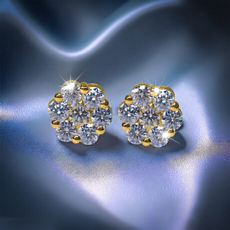 Fully iced-out multi-stone cluster halo stud earrings in 925 sterling silver with 14k gold finished, featuring brilliant round moissanite diamonds and a secure threaded screw back closure.
