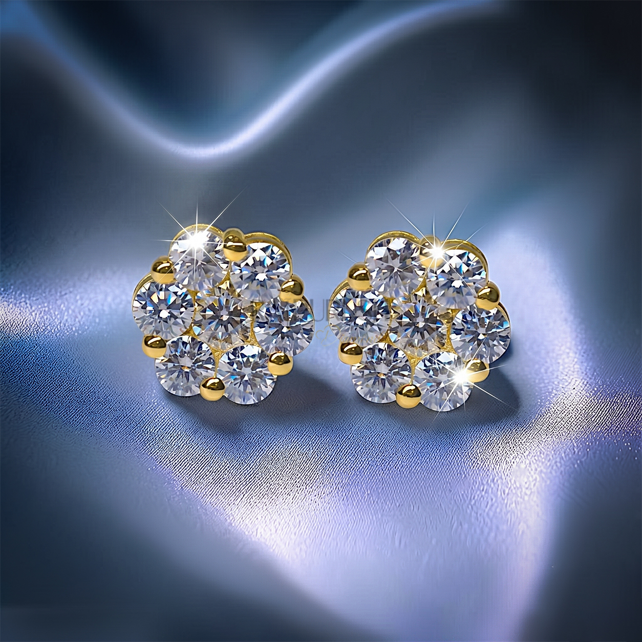 Fully iced-out multi-stone cluster halo stud earrings in 925 sterling silver with 14k gold finished, featuring brilliant round moissanite diamonds and a secure threaded screw back closure.
