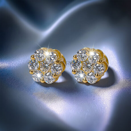 Fully iced-out multi-stone cluster halo stud earrings in 925 sterling silver with 14k gold finished, featuring brilliant round moissanite diamonds and a secure threaded screw back closure.