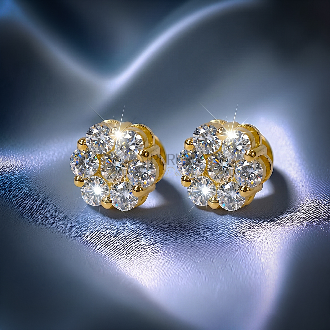 Fully iced-out multi-stone cluster halo stud earrings in 925 sterling silver with 14k gold finished, featuring brilliant round moissanite diamonds and a secure threaded screw back closure.