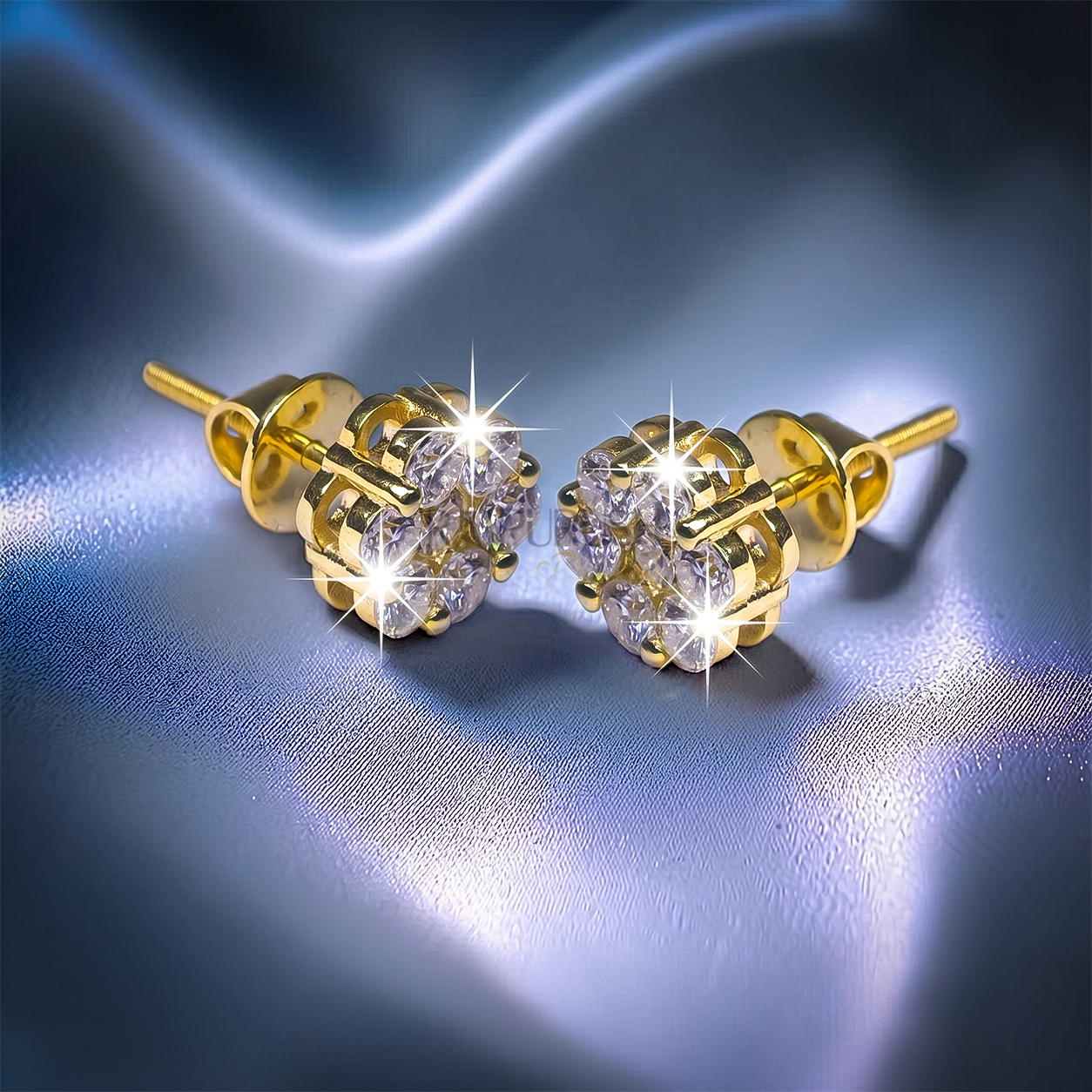 Fully iced-out multi-stone cluster halo stud earrings in 925 sterling silver with 14k gold finished, featuring brilliant round moissanite diamonds and a secure threaded screw back closure.