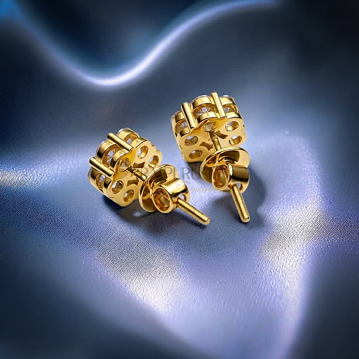 Fully iced-out multi-stone cluster halo stud earrings in 925 sterling silver with 14k gold finished, featuring brilliant round moissanite diamonds and a secure threaded screw back closure.