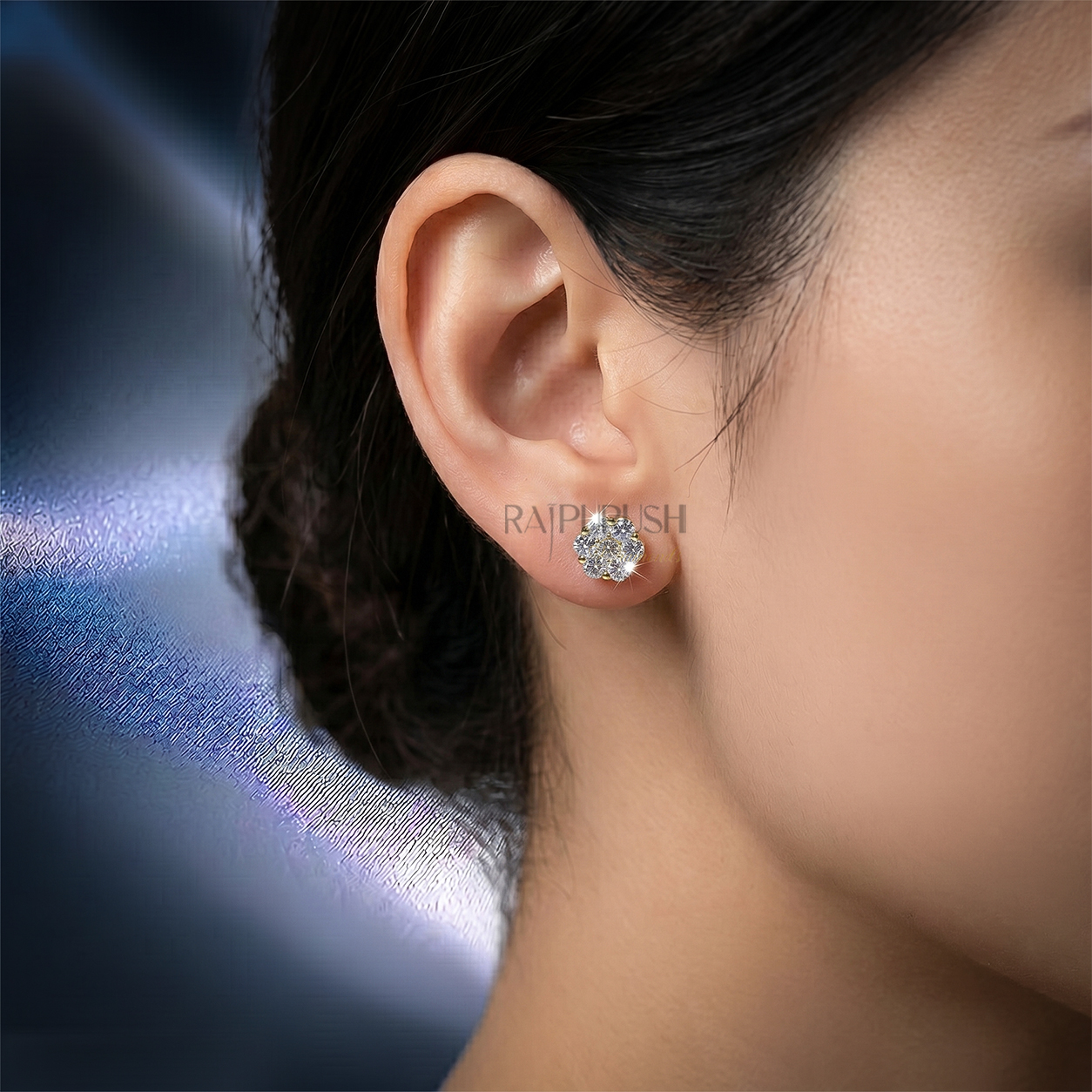 Fully iced-out multi-stone cluster halo stud earrings in 925 sterling silver with 14k gold finished, featuring brilliant round moissanite diamonds and a secure threaded screw back closure.
