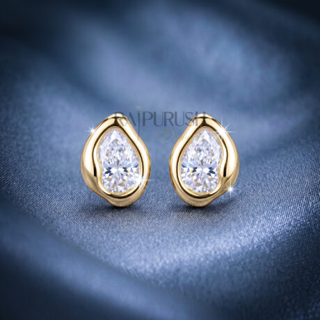 A pair of 2ct each pear-cut moissanite stud earrings in a secure bezel setting, crafted in S925 with polished 14k gold