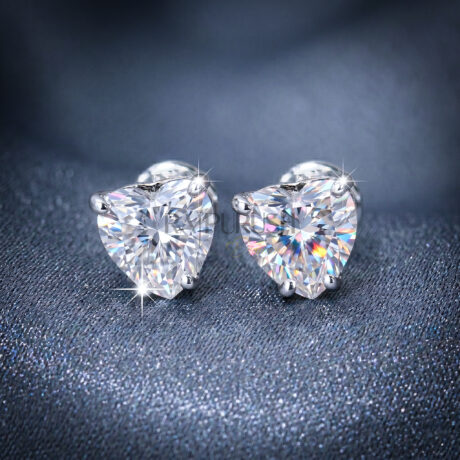 brilliant heart-shaped moissanite stud earrings in 14k yellow gold plated sterling silver, showcasing their fire and sparkle.