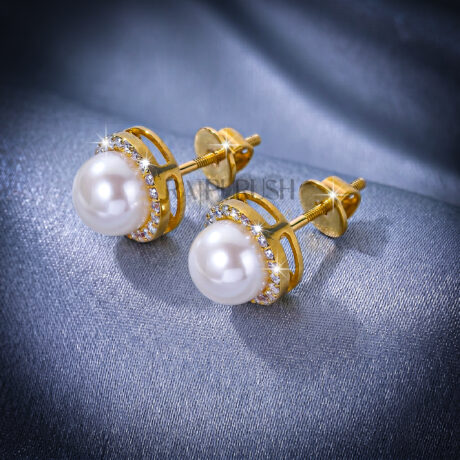 Elegant round pearl stud earrings surrounded by a moissanite halo in 14k gold plated sterling silver