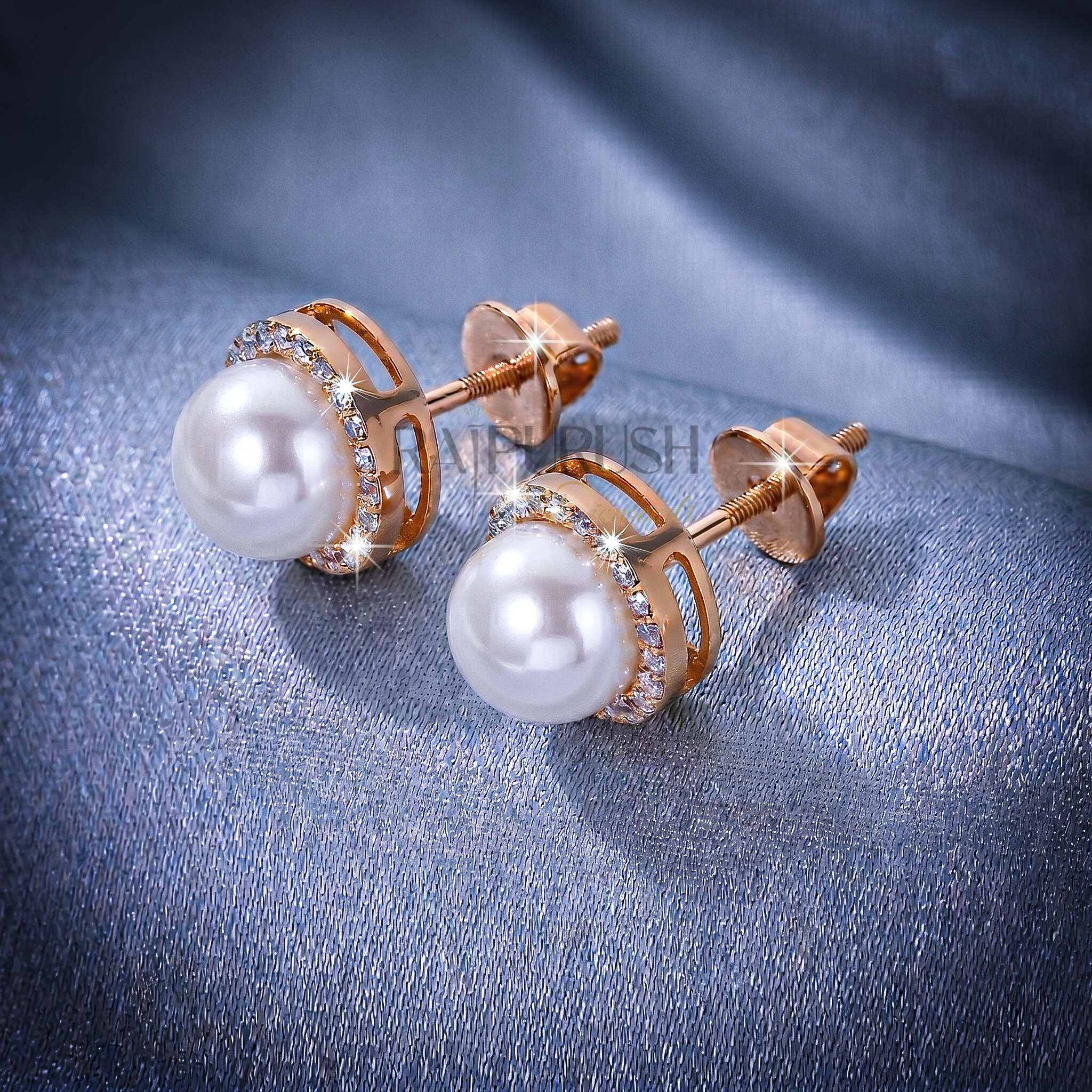 Elegant round pearl stud earrings surrounded by a moissanite halo in 14k gold plated sterling silver