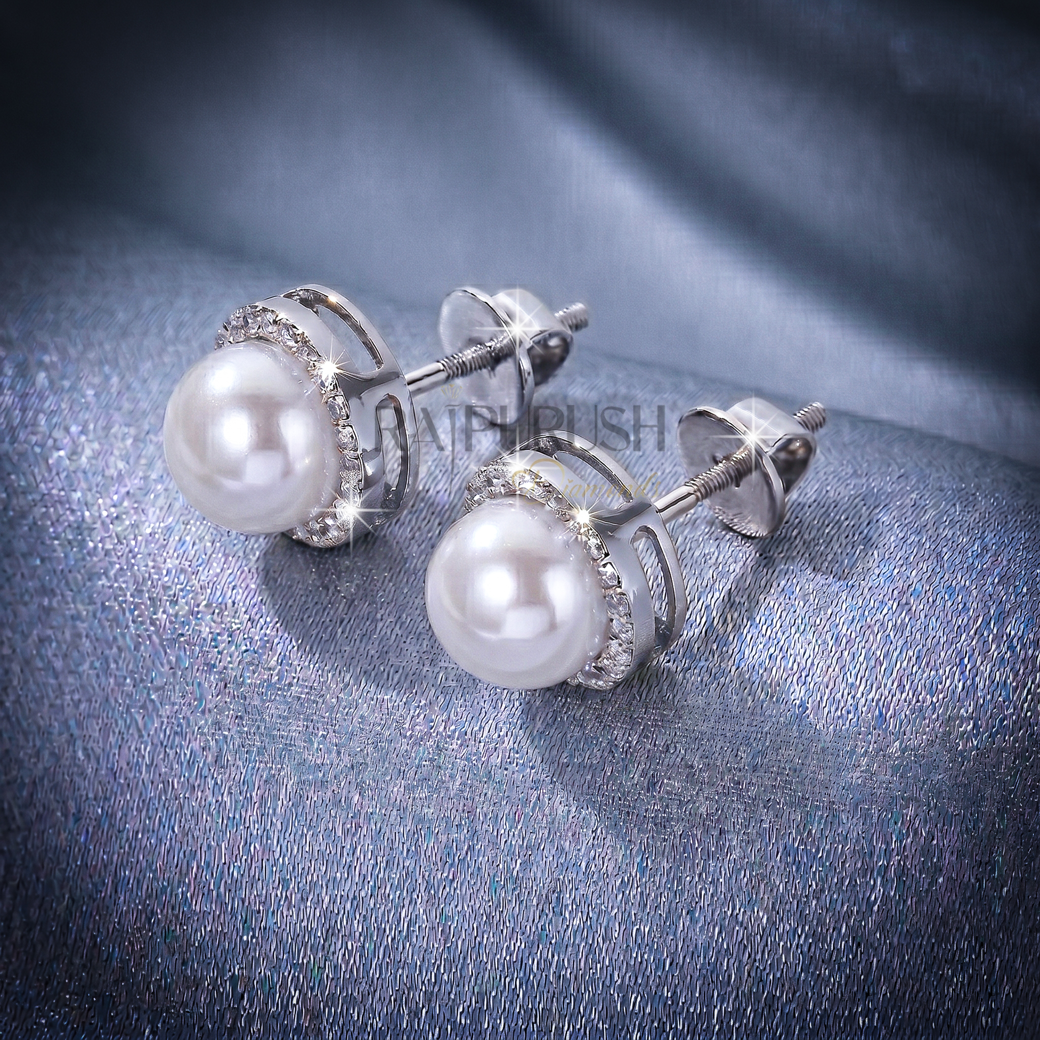 Elegant round pearl stud earrings surrounded by a moissanite halo in 14k gold plated sterling silver