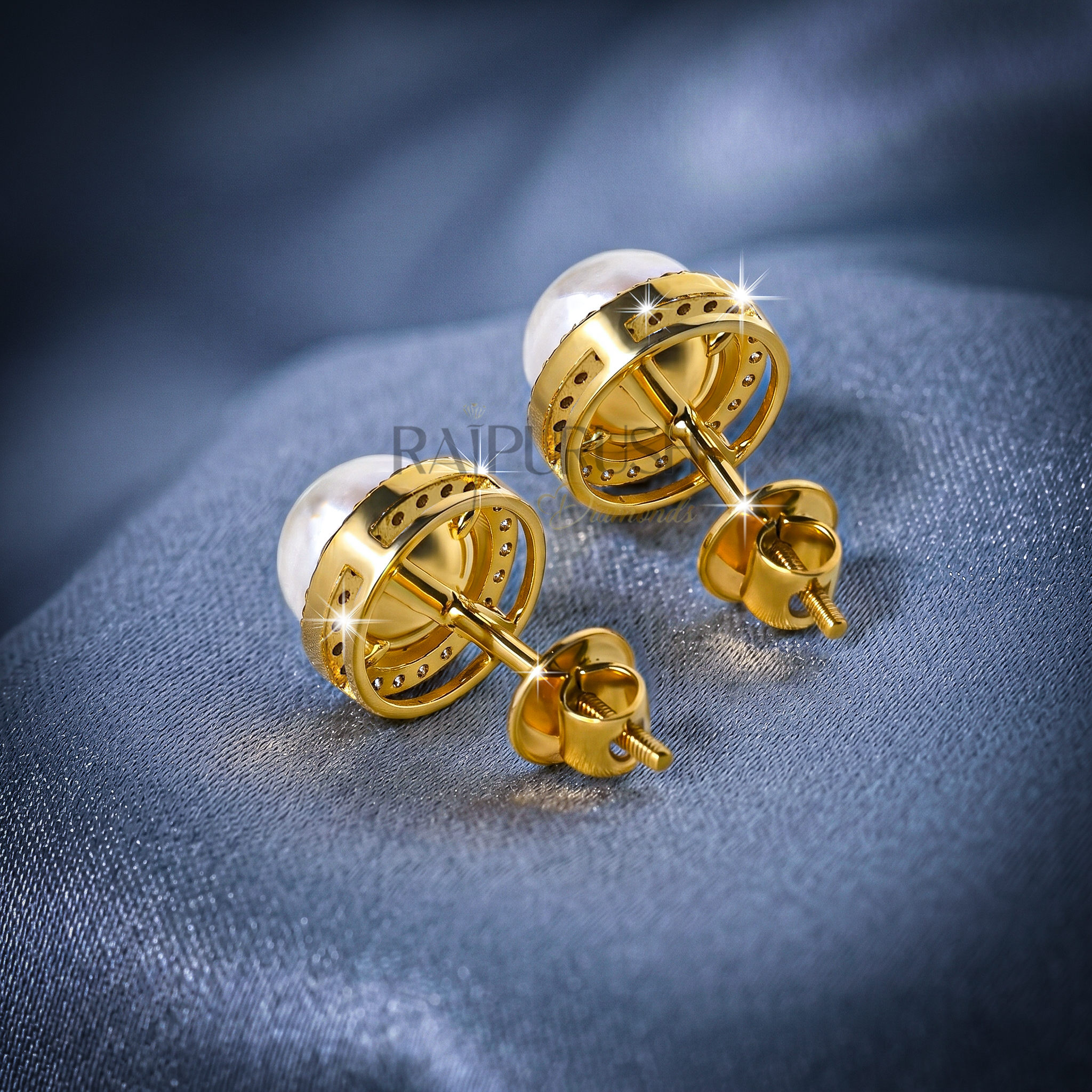Elegant round pearl stud earrings surrounded by a moissanite halo in 14k gold plated sterling silver