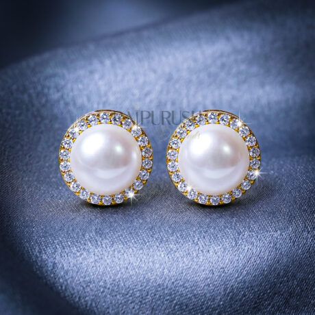 Elegant round pearl stud earrings surrounded by a moissanite halo in 14k gold plated sterling silver