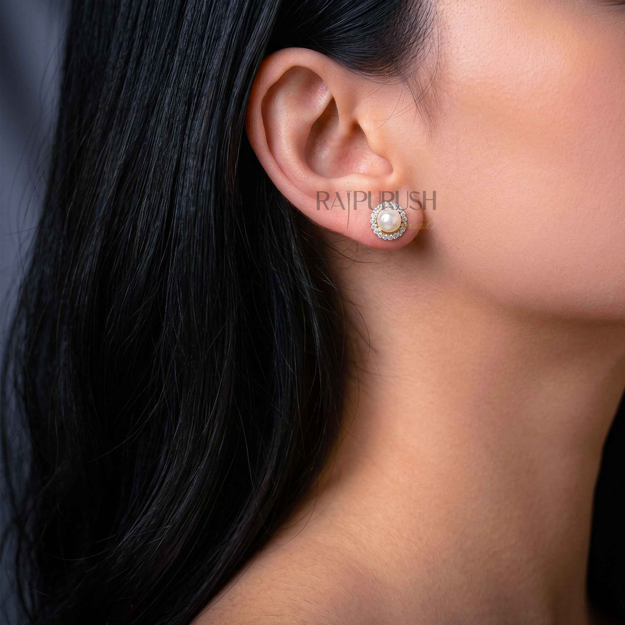 Elegant round pearl stud earrings surrounded by a moissanite halo in 14k gold plated sterling silver
