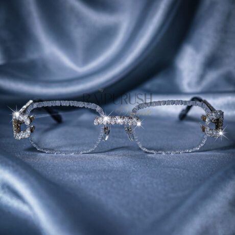 Luxury transparent frame glasses adorned with sparkling pear and round-cut moissanite diamonds on the bridge and hinges