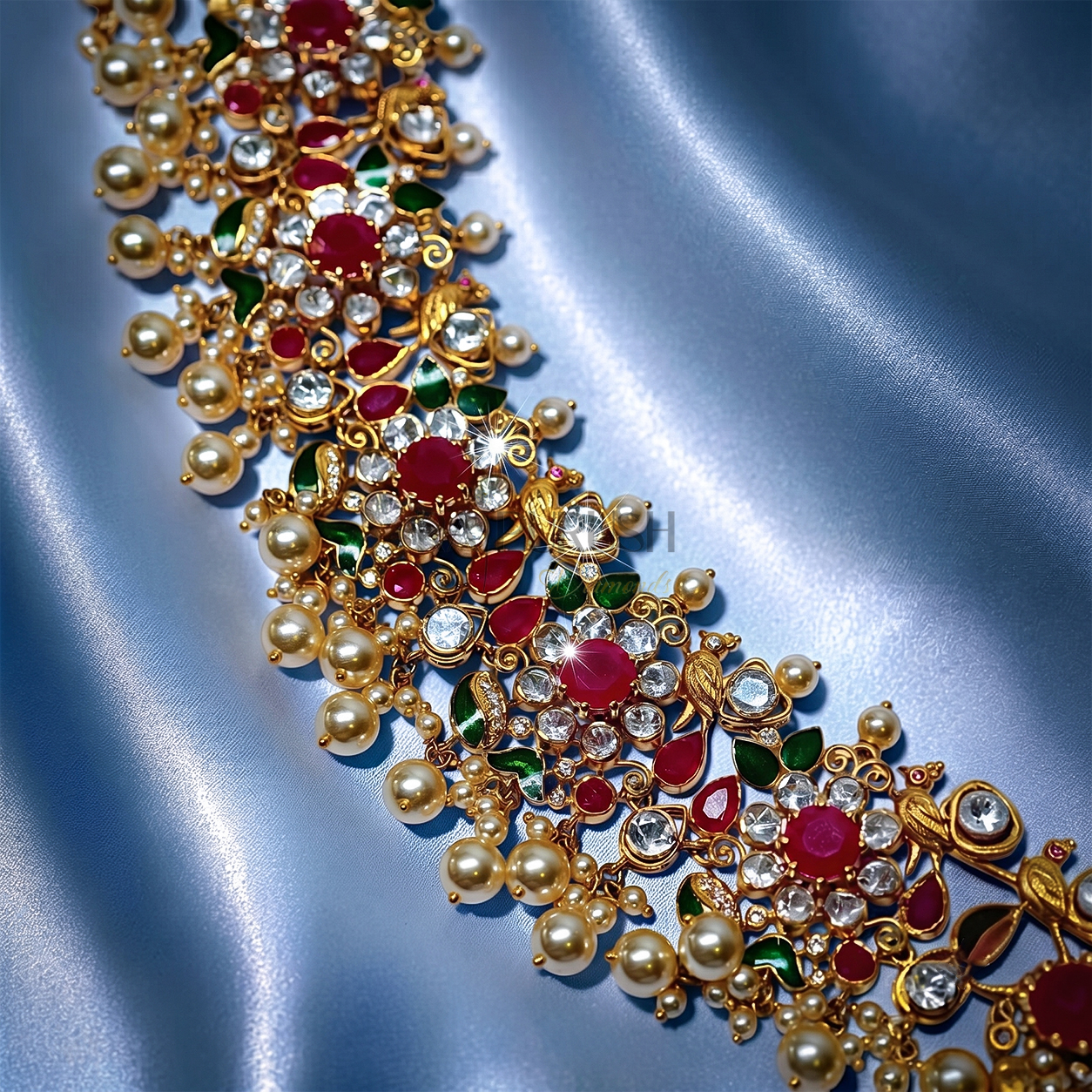 Traditional Indian heritage jewelry set featuring bird motifs with vibrant rubies and uncut Polki(uncut diamond)diamonds set in 18k yellow gold.
