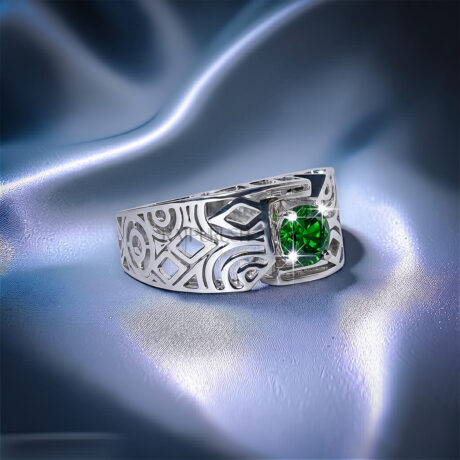 Contemporary men's geometric ring in 925 sterling silver featuring an asymmetric flush-set 0.75ct round green sapphire on a polished angled band