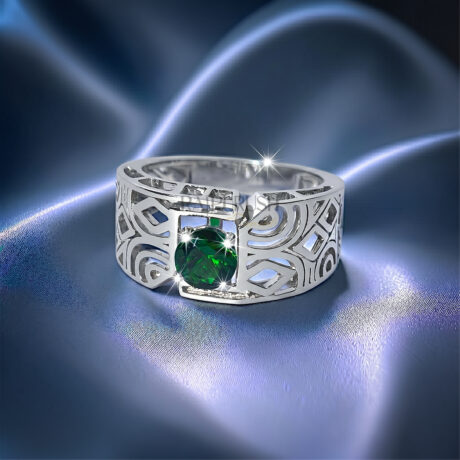 Contemporary men's geometric ring in 925 sterling silver featuring an asymmetric flush-set 0.75ct round green sapphire on a polished angled band