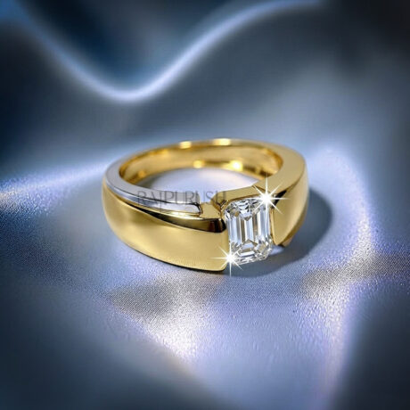 Bold men's two-tone signet wedding ring in 925 sterling silver showcasing a 1ct center emerald-cut moissanite stone framed by yellow gold plated ribbed accents.