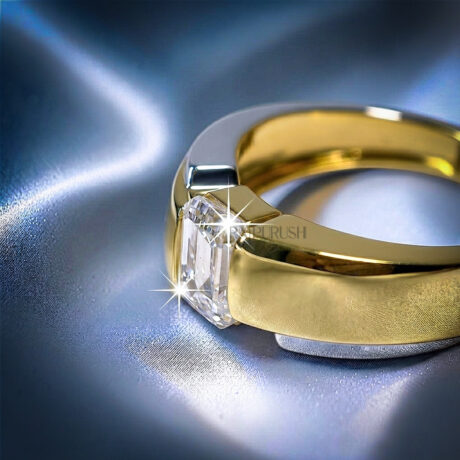 Bold men's two-tone signet wedding ring in 925 sterling silver showcasing a 1ct center emerald-cut moissanite stone framed by yellow gold plated ribbed accents.