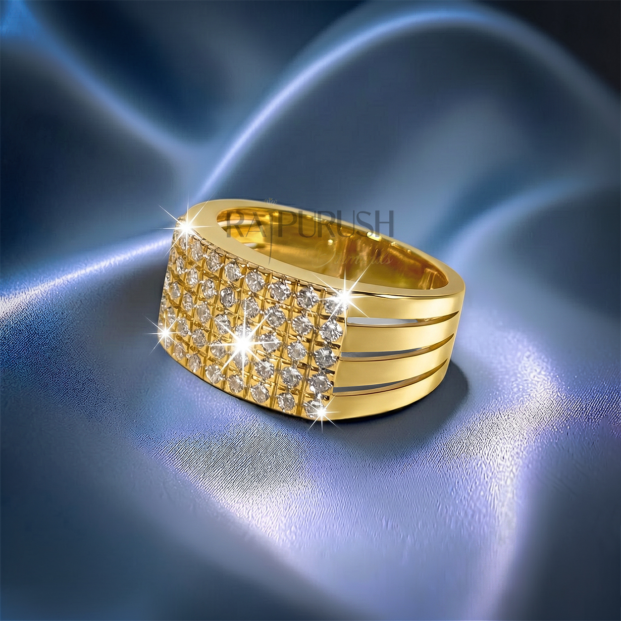 High-detail perspective of a gold plated men's statement ring with a pavé-style moissanite cluster.
