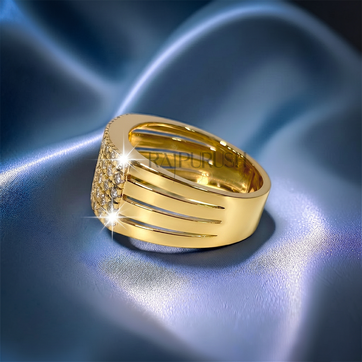 High-detail perspective of a gold plated men's statement ring with a pavé-style moissanite cluster.