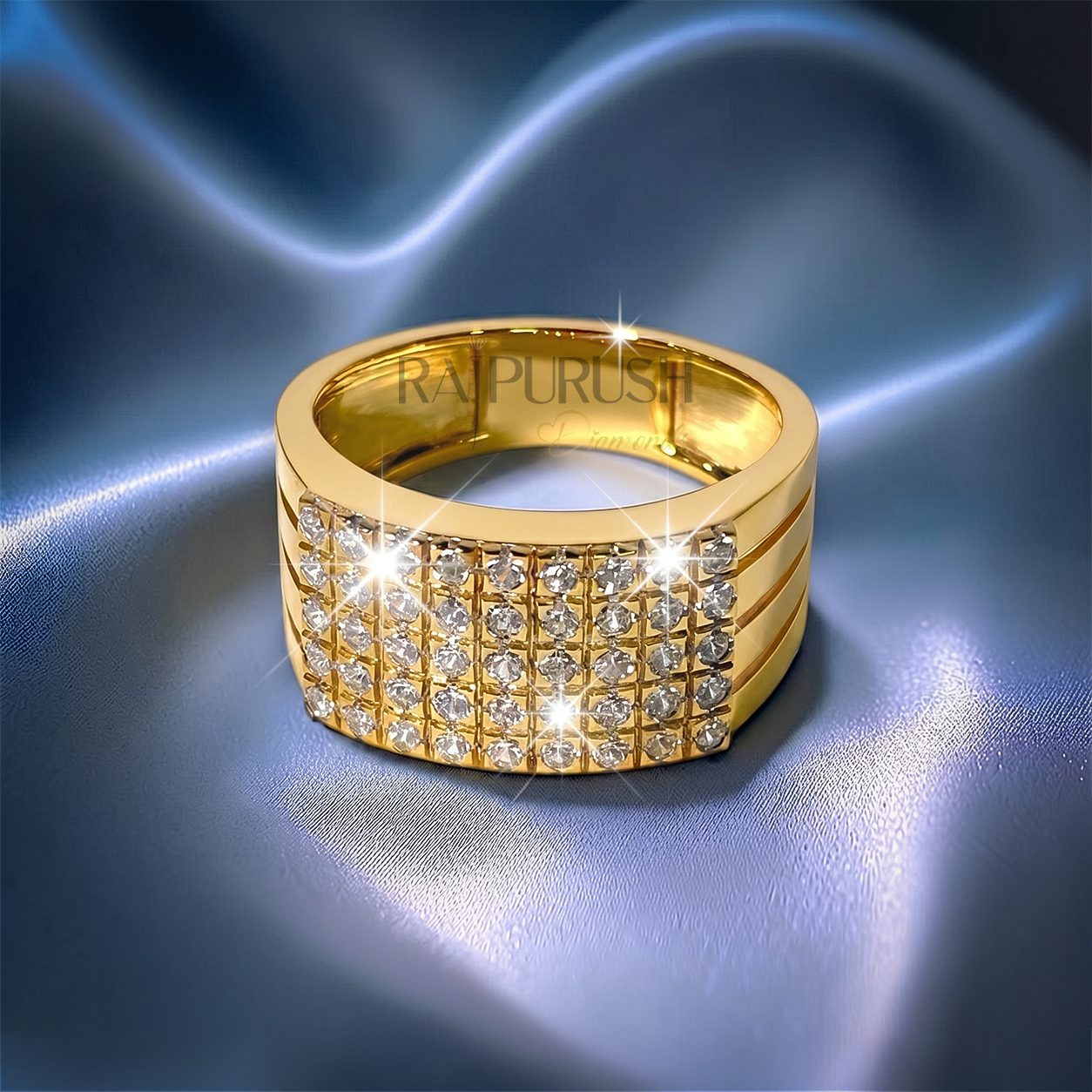 High-detail perspective of a gold plated men's statement ring with a pavé-style moissanite cluster.