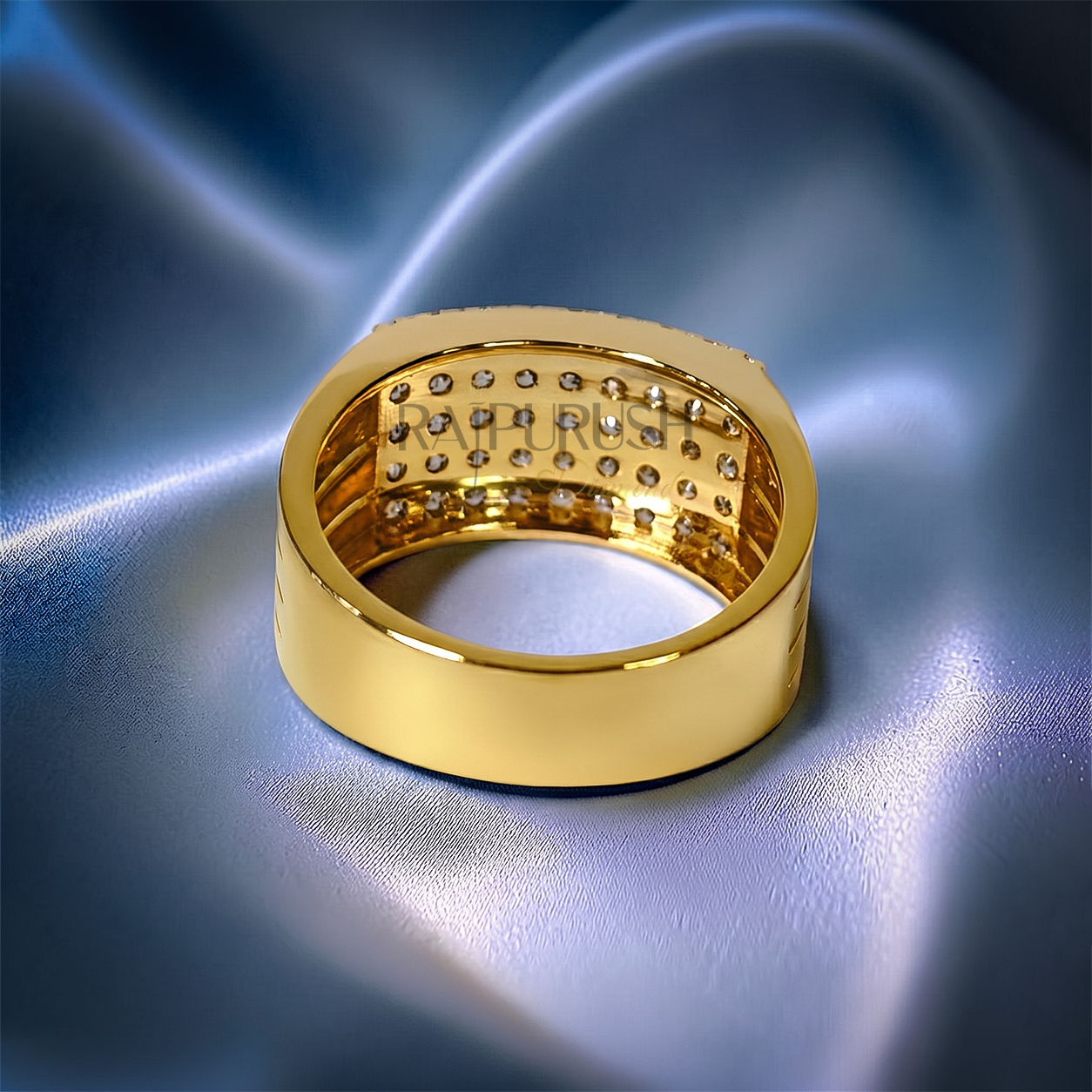 High-detail perspective of a gold plated men's statement ring with a pavé-style moissanite cluster.
