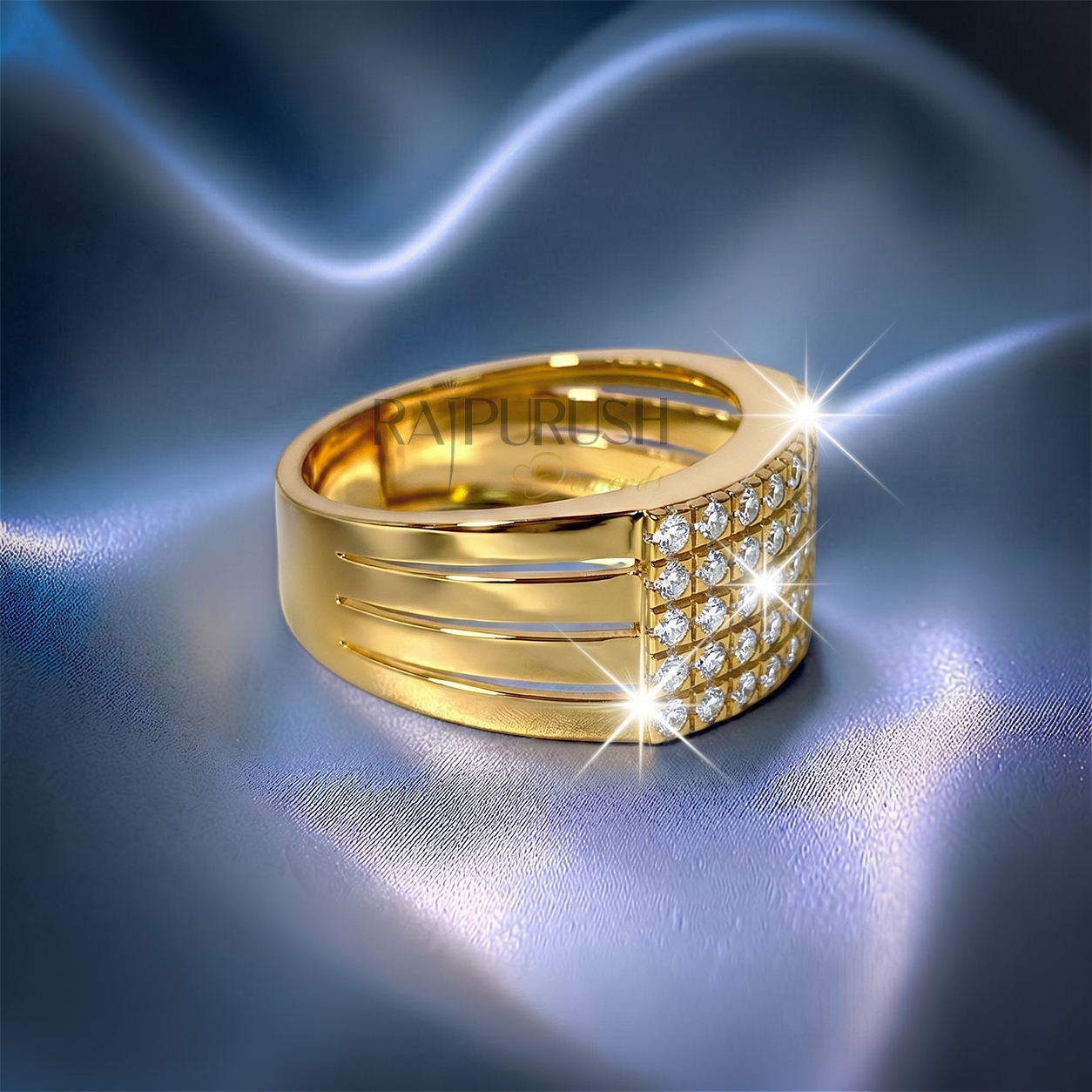 High-detail perspective of a gold plated men's statement ring with a pavé-style moissanite cluster.