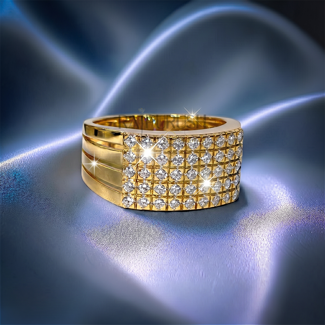 High-detail perspective of a gold plated men's statement ring with a pavé-style moissanite cluster.