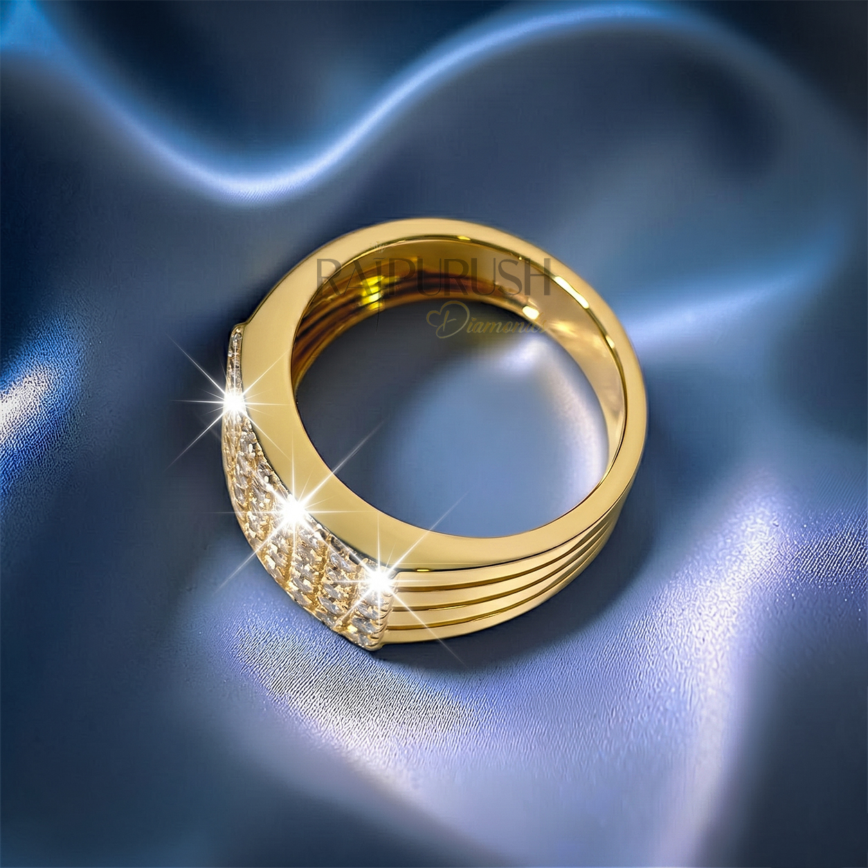 High-detail perspective of a gold plated men's statement ring with a pavé-style moissanite cluster.