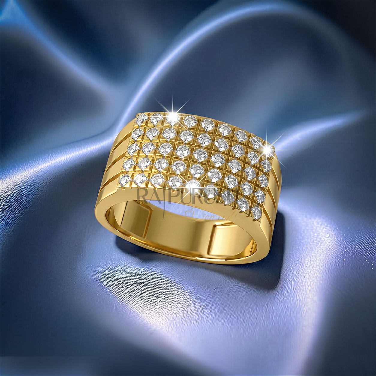 High-detail perspective of a gold plated men's statement ring with a pavé-style moissanite cluster.