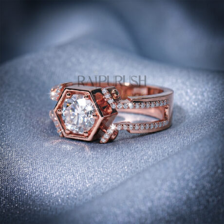 A luxurious men's ring in sterling silver featuring a brilliant round-cut moissanite stone in a unique geometric hexagon setting with side accents.