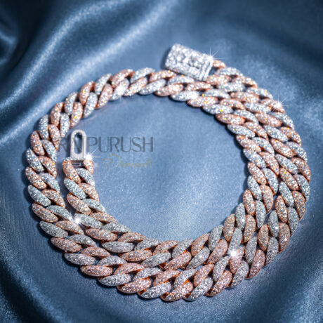 A luxurious men's two-tone Cuban link chain fully iced with brilliant round-cut moissanite diamonds, featuring a high-polish finish