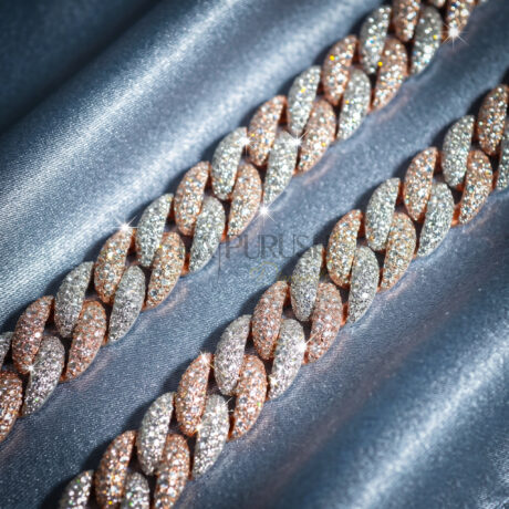 A luxurious men's two-tone Cuban link chain fully iced with brilliant round-cut moissanite diamonds, featuring a high-polish finish