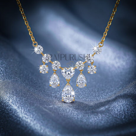luxurious moissanite heart-shaped pendant necklace with pear-shaped drops on a gold-plated chain