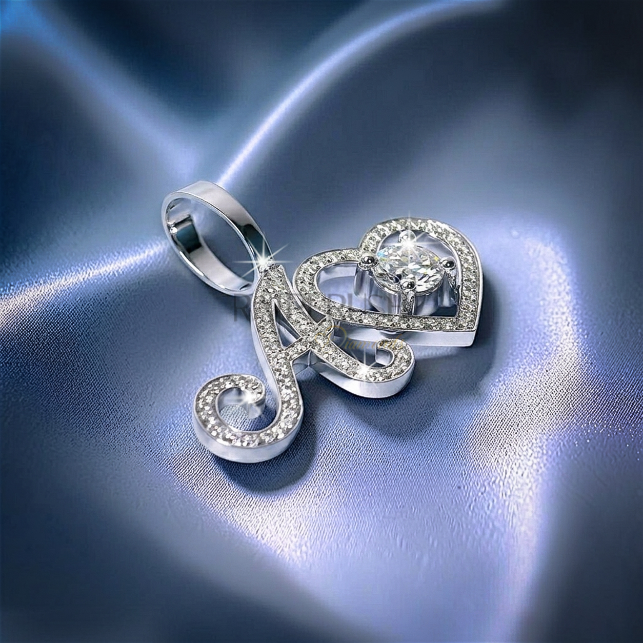 Fully iced-out 925 sterling silver custom script initial letter pendant accented with a small floating pavé moissanite heart.