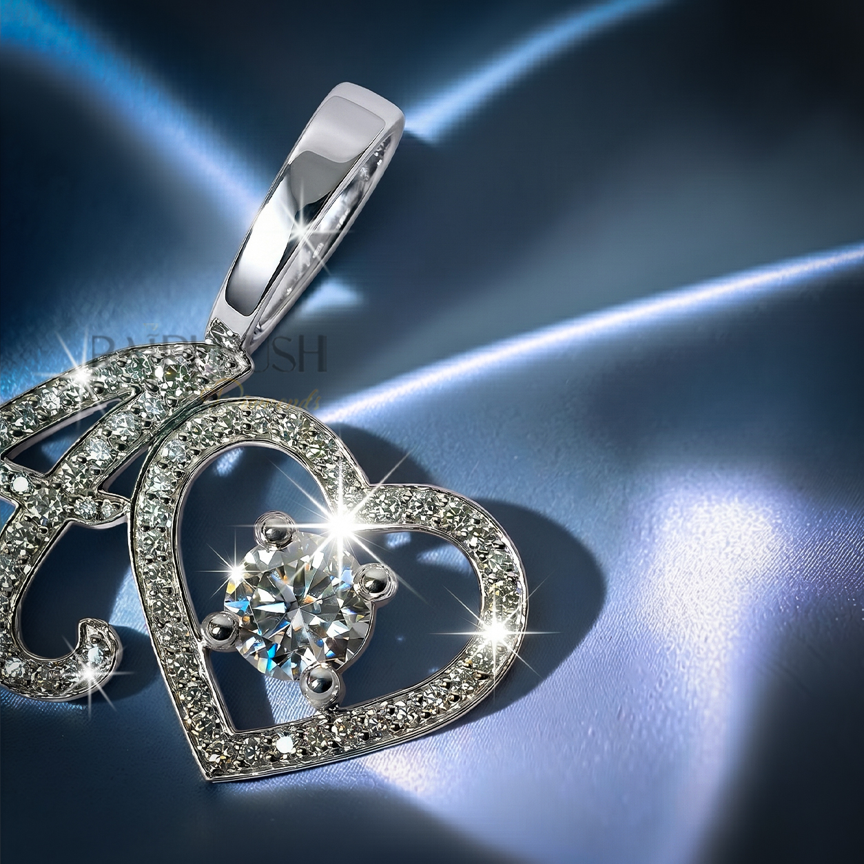 Fully iced-out 925 sterling silver custom script initial letter pendant accented with a small floating pavé moissanite heart.