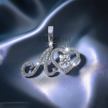 Fully iced-out 925 sterling silver custom script initial letter pendant accented with a small floating pavé moissanite heart.