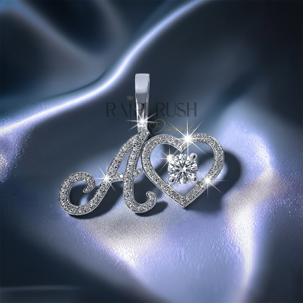 Fully iced-out 925 sterling silver custom script initial letter pendant accented with a small floating pavé moissanite heart.