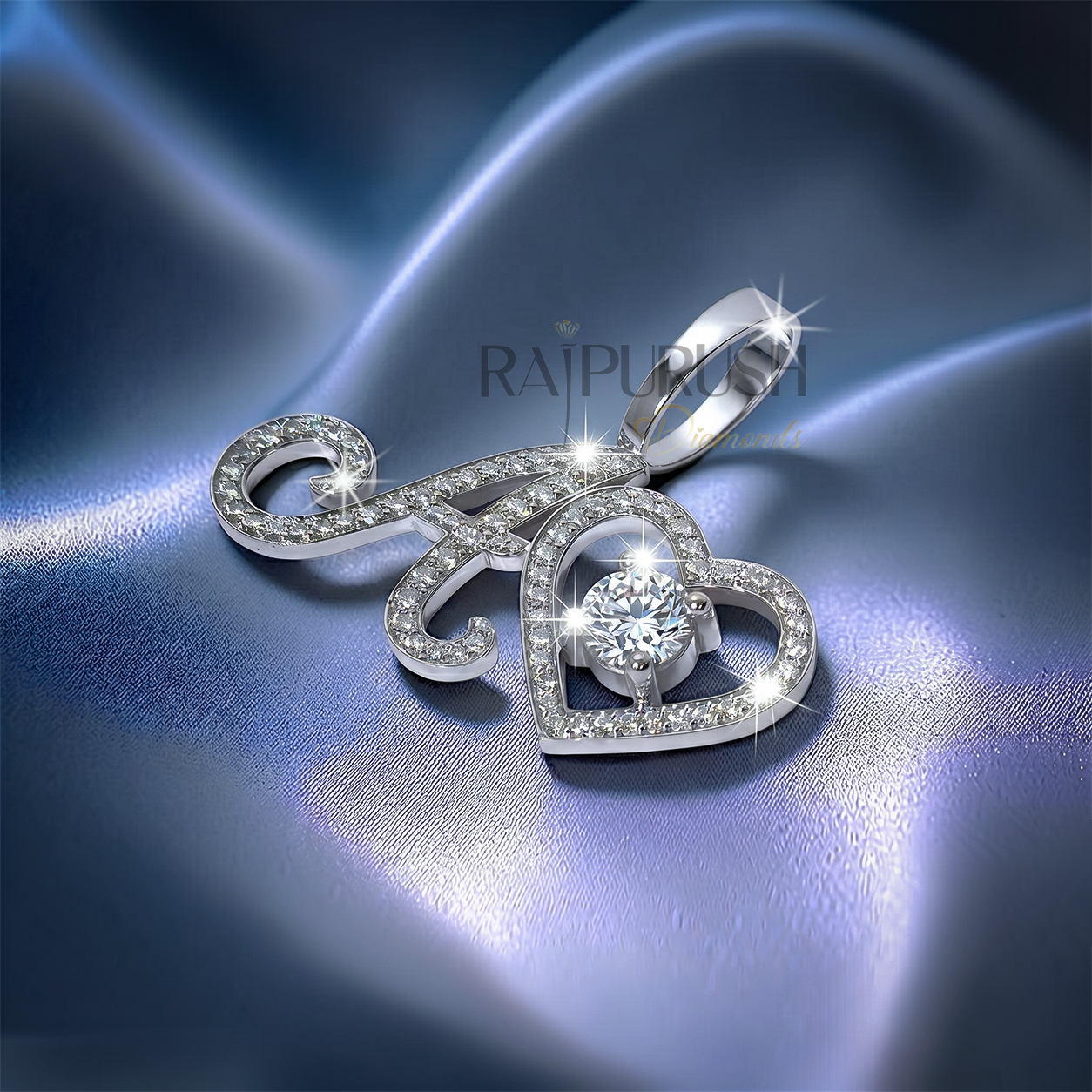 Fully iced-out 925 sterling silver custom script initial letter pendant accented with a small floating pavé moissanite heart.