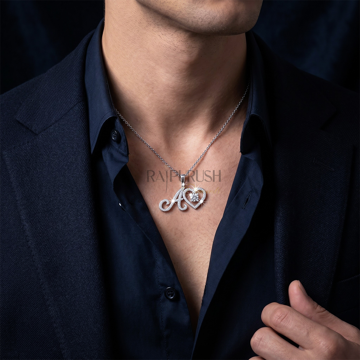 Fully iced-out 925 sterling silver custom script initial letter pendant accented with a small floating pavé moissanite heart.