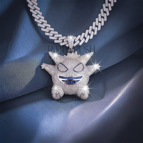Iced out Gengar character hip hop pendant covered in shimmering moissanite stones set in high-quality silver.